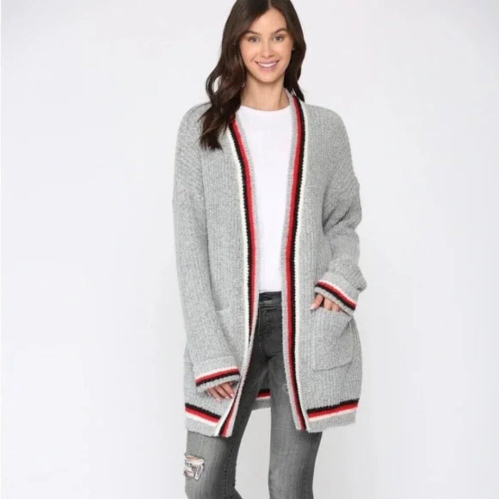 Gray Women's Sweater with Red and Black Trim size small